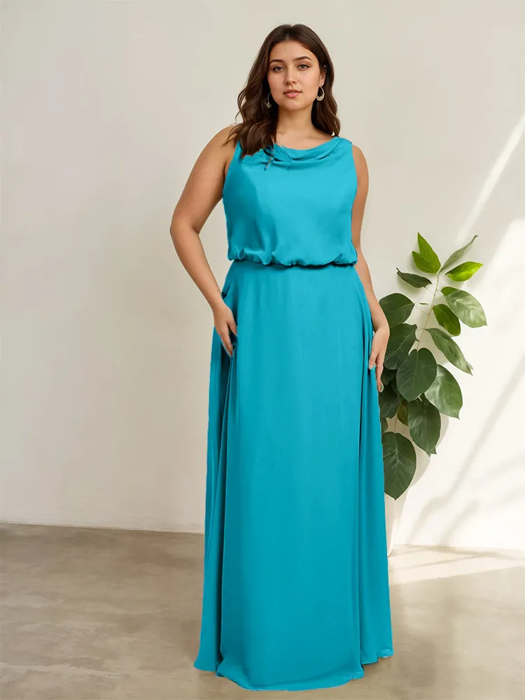 Sleeveless Cowl Neck Chiffon Plus Size Floor Length Bridesmaid Dresses