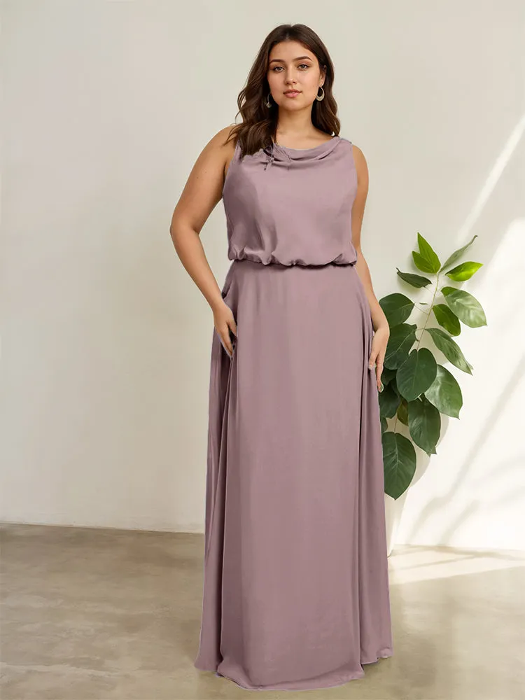 Sleeveless Cowl Neck Chiffon Plus Size Floor Length Bridesmaid Dresses