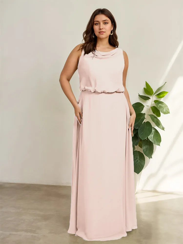 Sleeveless Cowl Neck Chiffon Plus Size Floor Length Bridesmaid Dresses