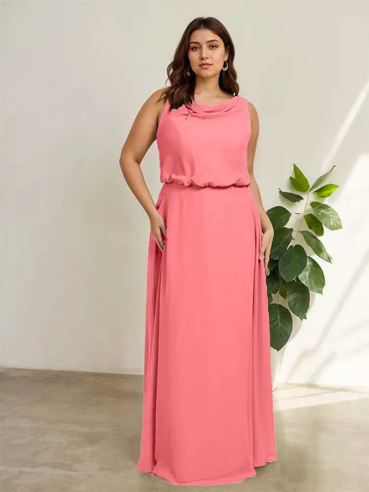 Sleeveless Cowl Neck Chiffon Plus Size Floor Length Bridesmaid Dresses