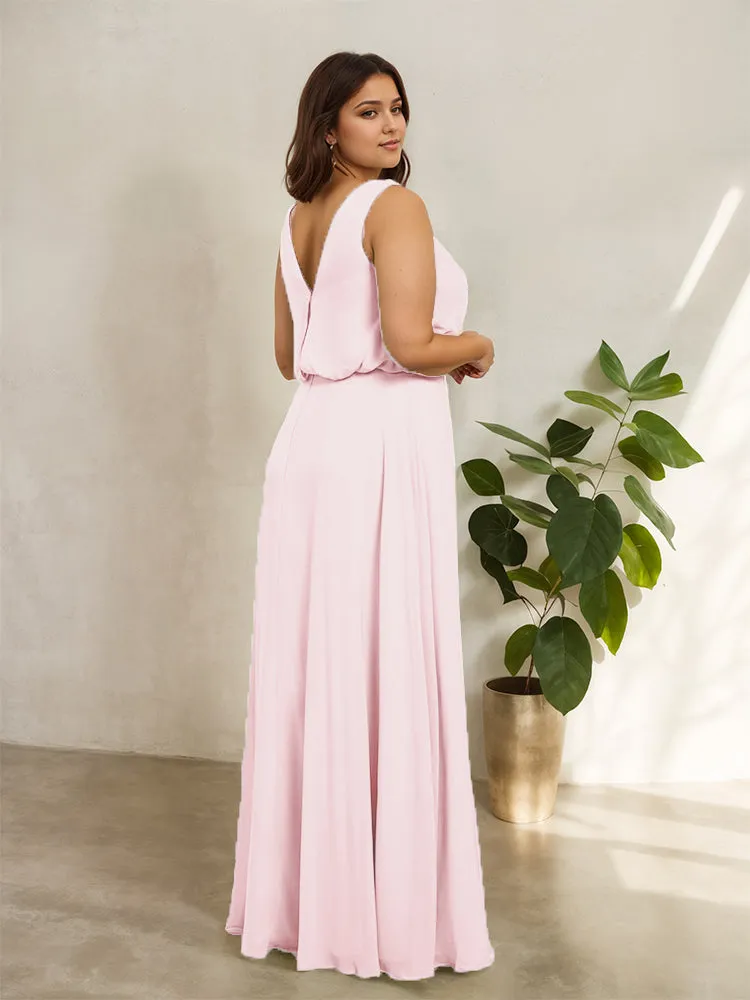 Sleeveless Cowl Neck Chiffon Plus Size Floor Length Bridesmaid Dresses