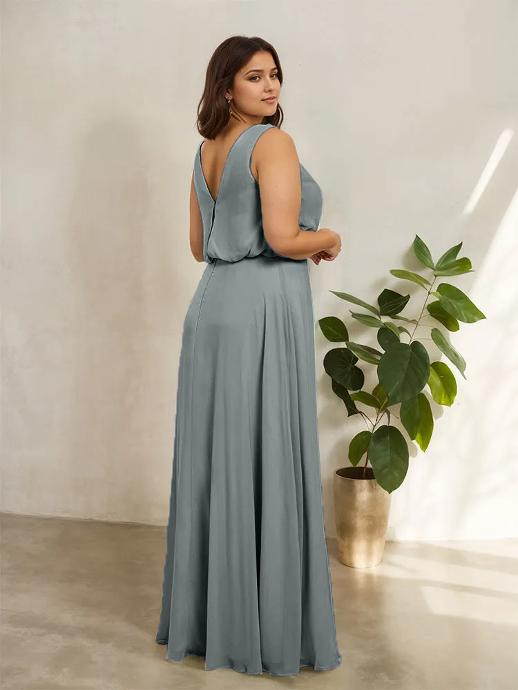 Sleeveless Cowl Neck Chiffon Plus Size Floor Length Bridesmaid Dresses