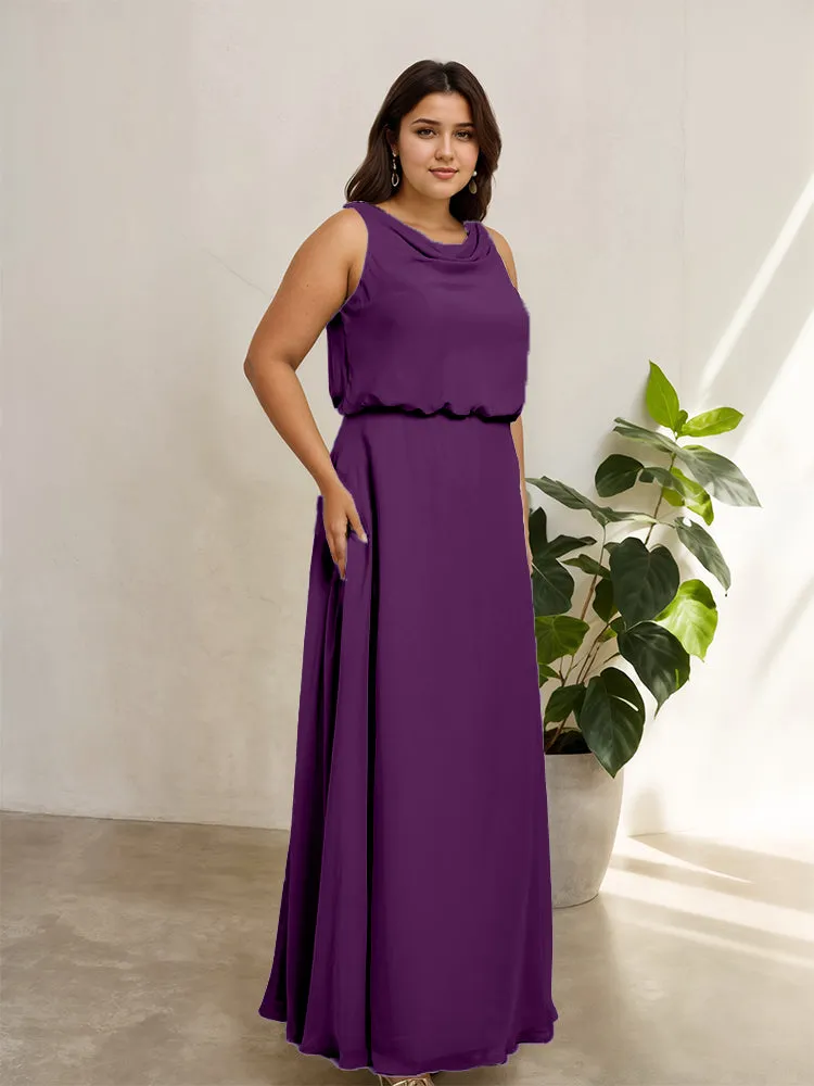 Sleeveless Cowl Neck Chiffon Plus Size Floor Length Bridesmaid Dresses