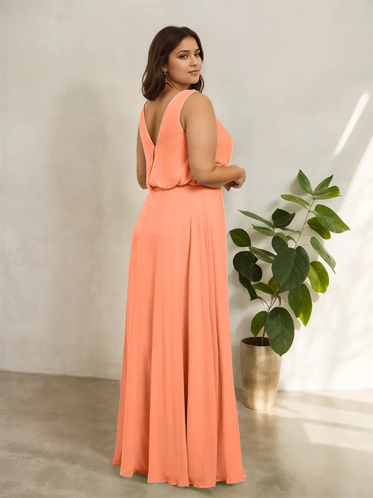 Sleeveless Cowl Neck Chiffon Plus Size Floor Length Bridesmaid Dresses