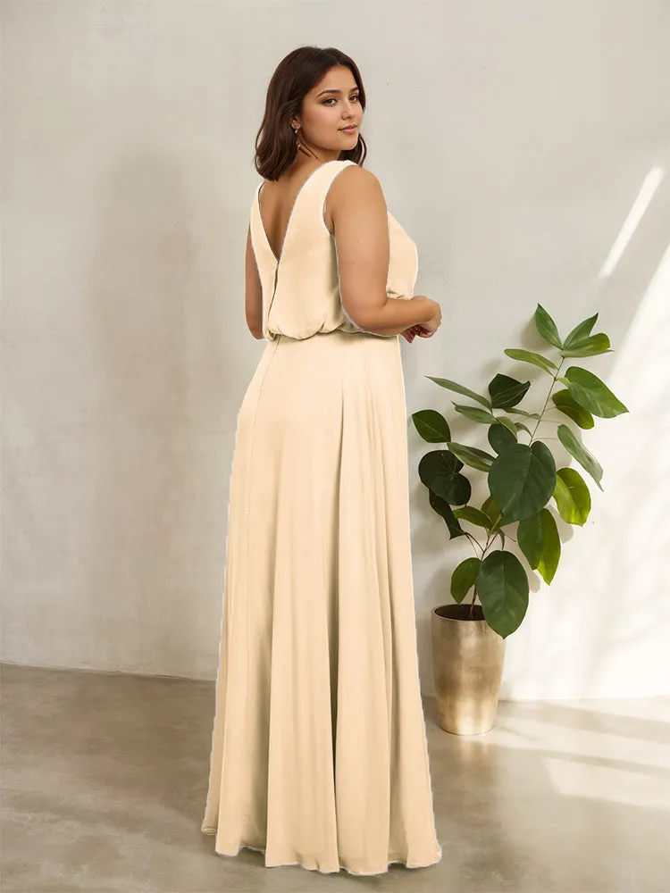 Sleeveless Cowl Neck Chiffon Plus Size Floor Length Bridesmaid Dresses