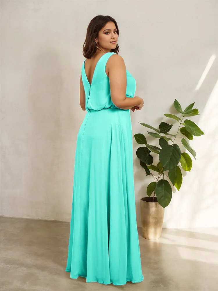 Sleeveless Cowl Neck Chiffon Plus Size Floor Length Bridesmaid Dresses