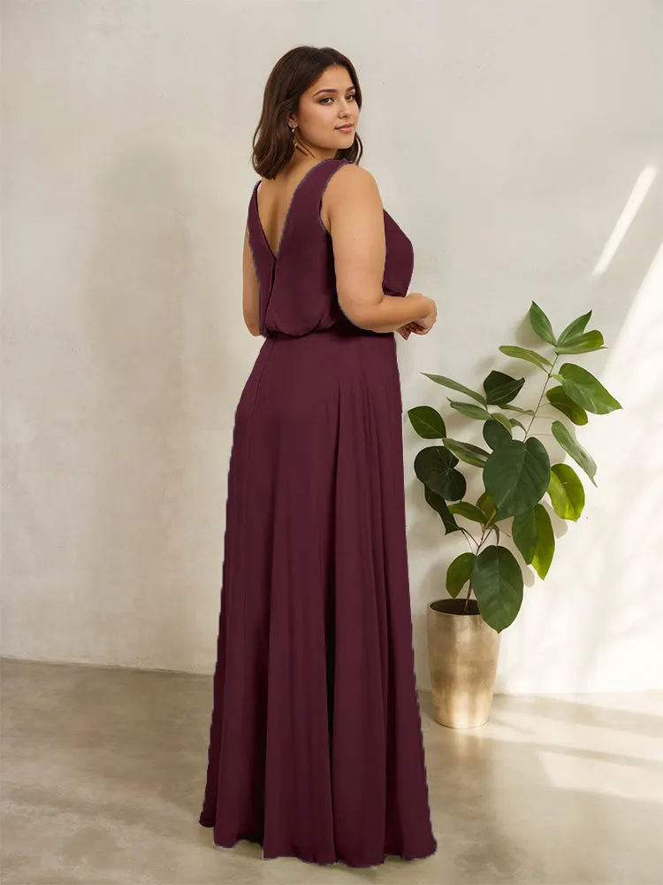 Sleeveless Cowl Neck Chiffon Plus Size Floor Length Bridesmaid Dresses