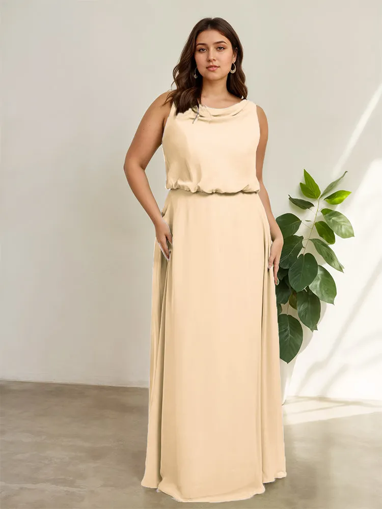 Sleeveless Cowl Neck Chiffon Plus Size Floor Length Bridesmaid Dresses