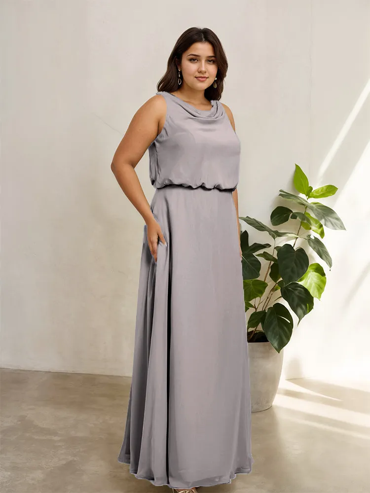 Sleeveless Cowl Neck Chiffon Plus Size Floor Length Bridesmaid Dresses