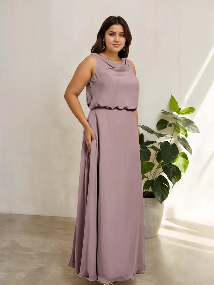 Sleeveless Cowl Neck Chiffon Plus Size Floor Length Bridesmaid Dresses