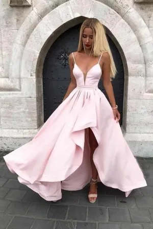 Spaghetti Straps Pink Prom Gown with Irregular Skirt