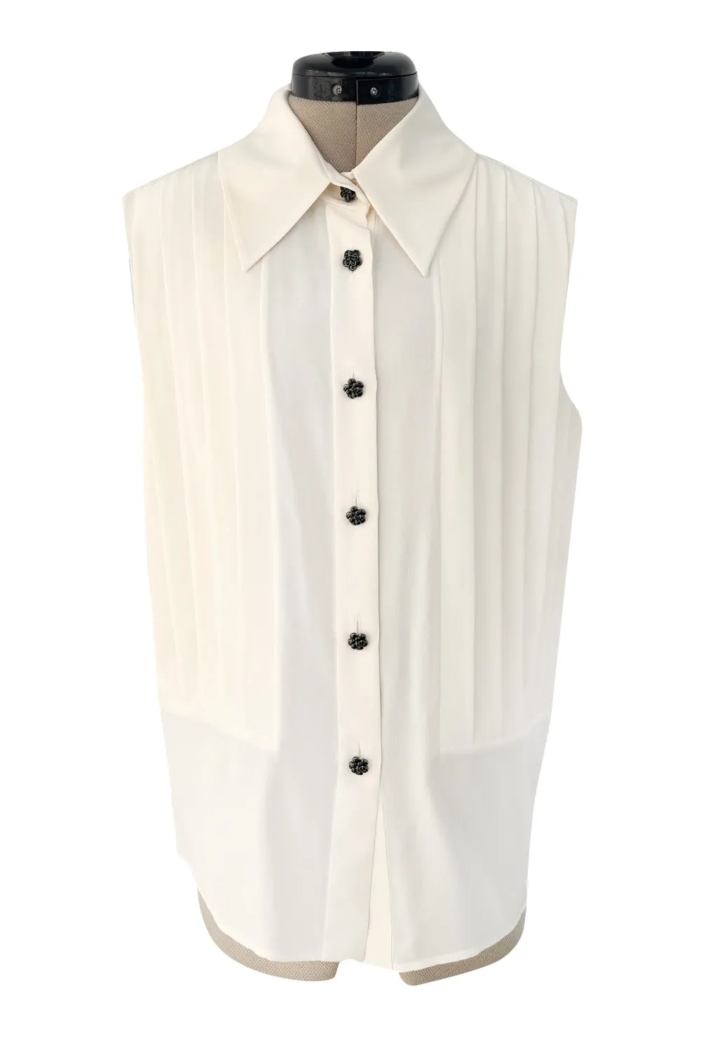 Spring 2015 Chanel by Karl Lagerfeld Runway White Crepe de Chine Pleated Blouse W Handmade Camellia Buttons