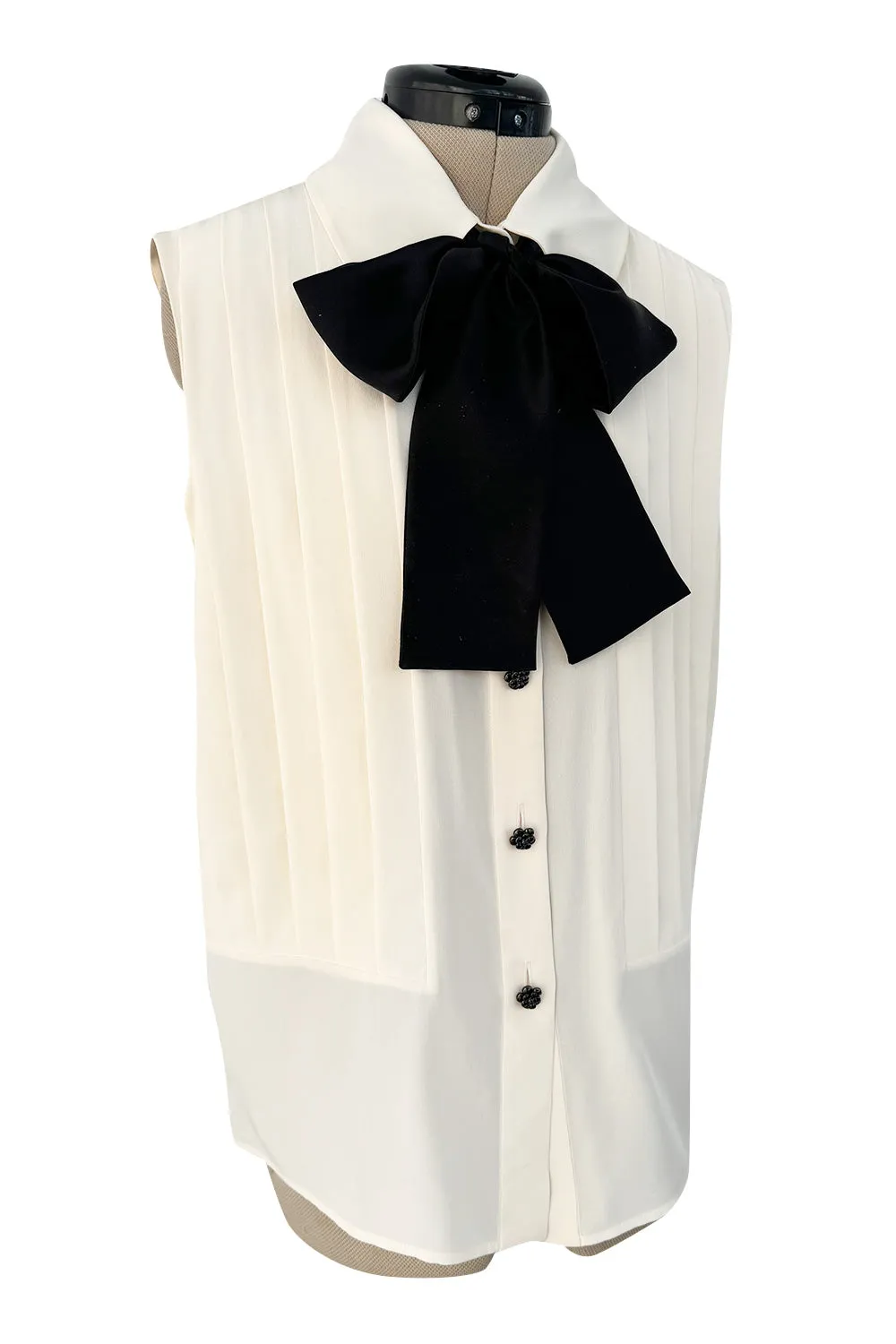 Spring 2015 Chanel by Karl Lagerfeld Runway White Crepe de Chine Pleated Blouse W Handmade Camellia Buttons