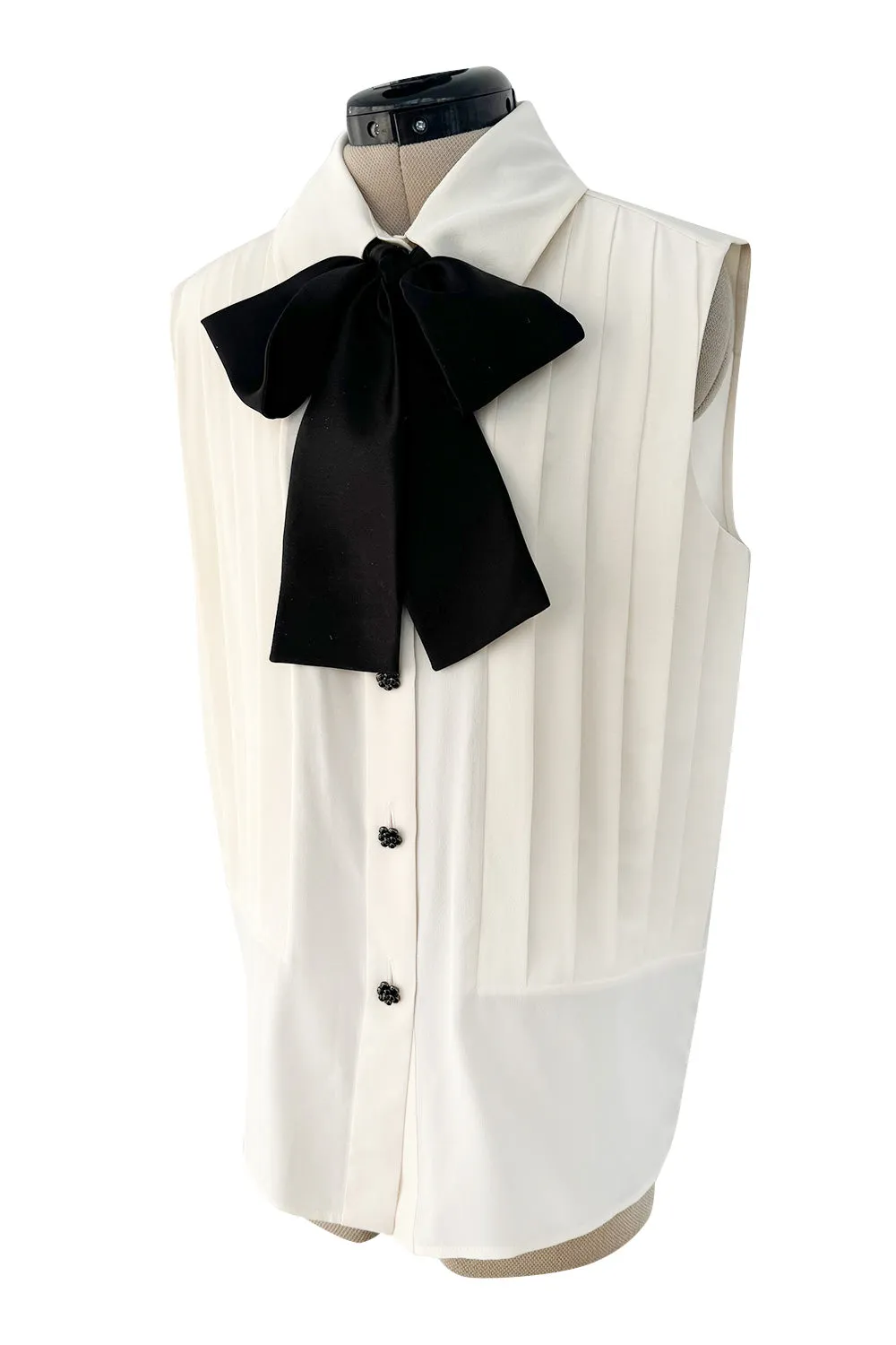 Spring 2015 Chanel by Karl Lagerfeld Runway White Crepe de Chine Pleated Blouse W Handmade Camellia Buttons