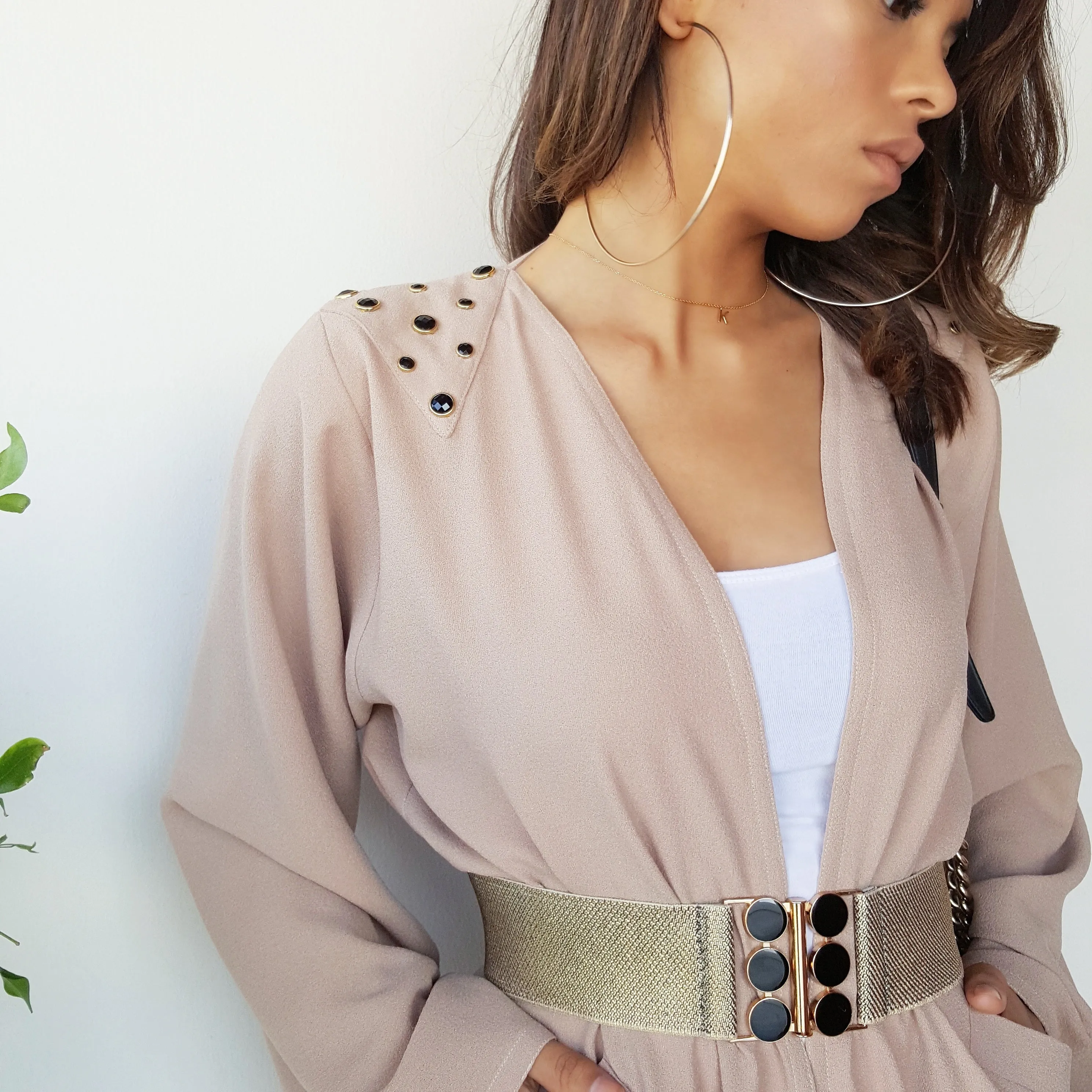 SS18 SEMI WATERFALL NUDE  CREPE ABAYA WITH MATT GOLD ELASTICATED BELT & STUDS