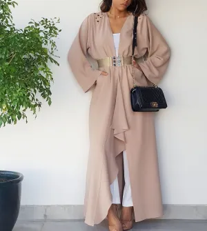 SS18 SEMI WATERFALL NUDE  CREPE ABAYA WITH MATT GOLD ELASTICATED BELT & STUDS