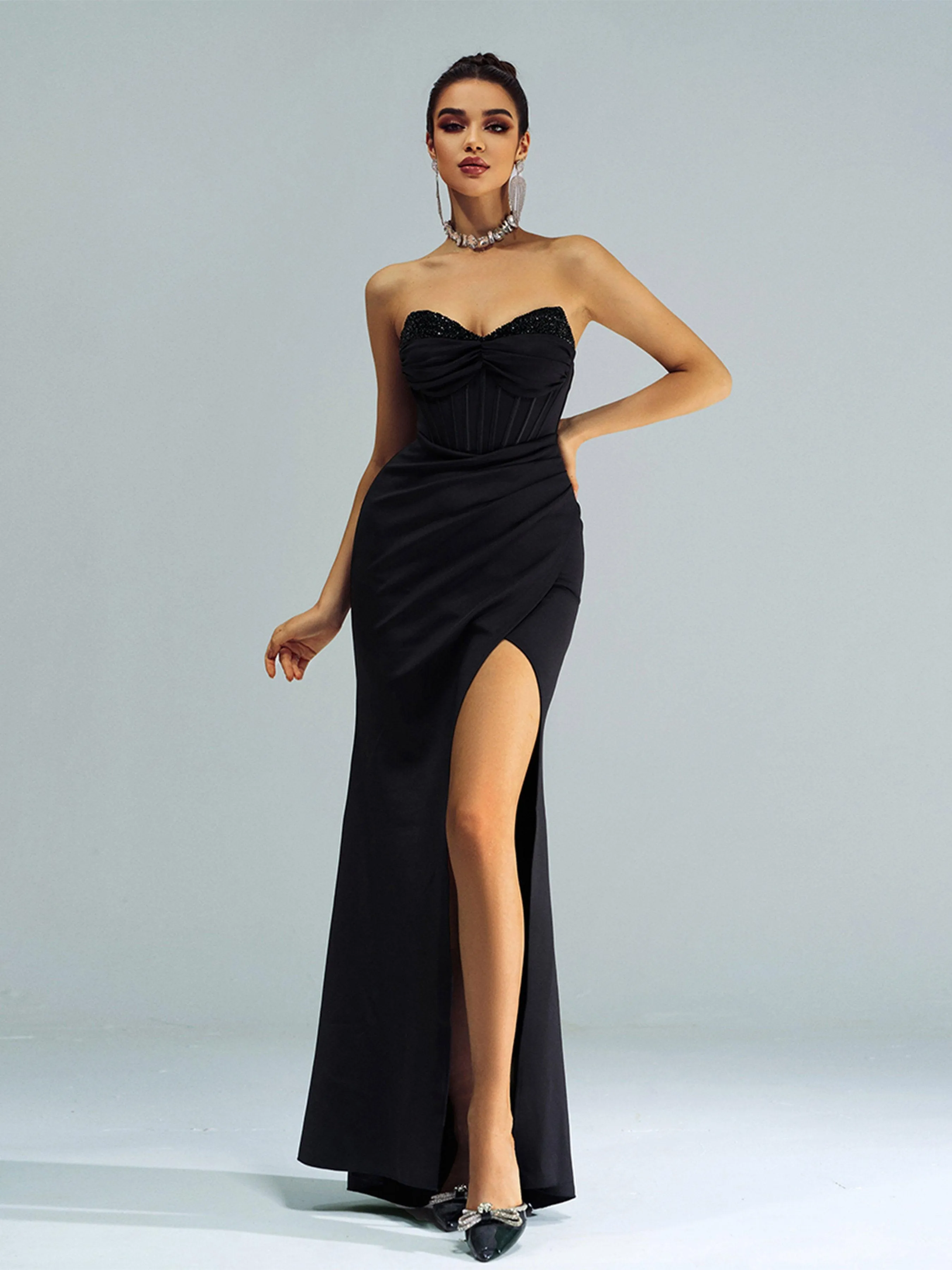 Strapless Corset Panel Split Cocktail Dress GM90151