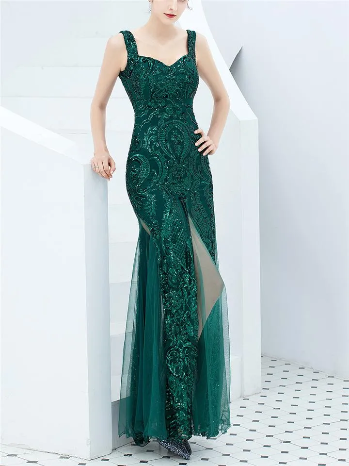 Stunning Sequined High Slit Formal Tulle Dress for Dinner