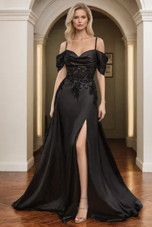 Stylish Spaghetti Straps Stretch Satin A Line Party Dress with Slit
