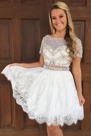 Stylish Two Piece A-Line Prom Dresses,Bateau Short Sleeves Lace Homecoming Dress With Beading OK471