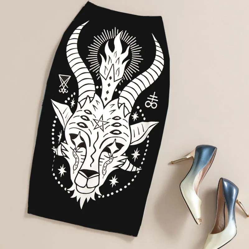 Summer Black Gothic Rock Punk Print Pencil Skirt Clothing Vintage Baphomet Goat Of Mendes Ladies High Waist Midi Bodycon Skirts