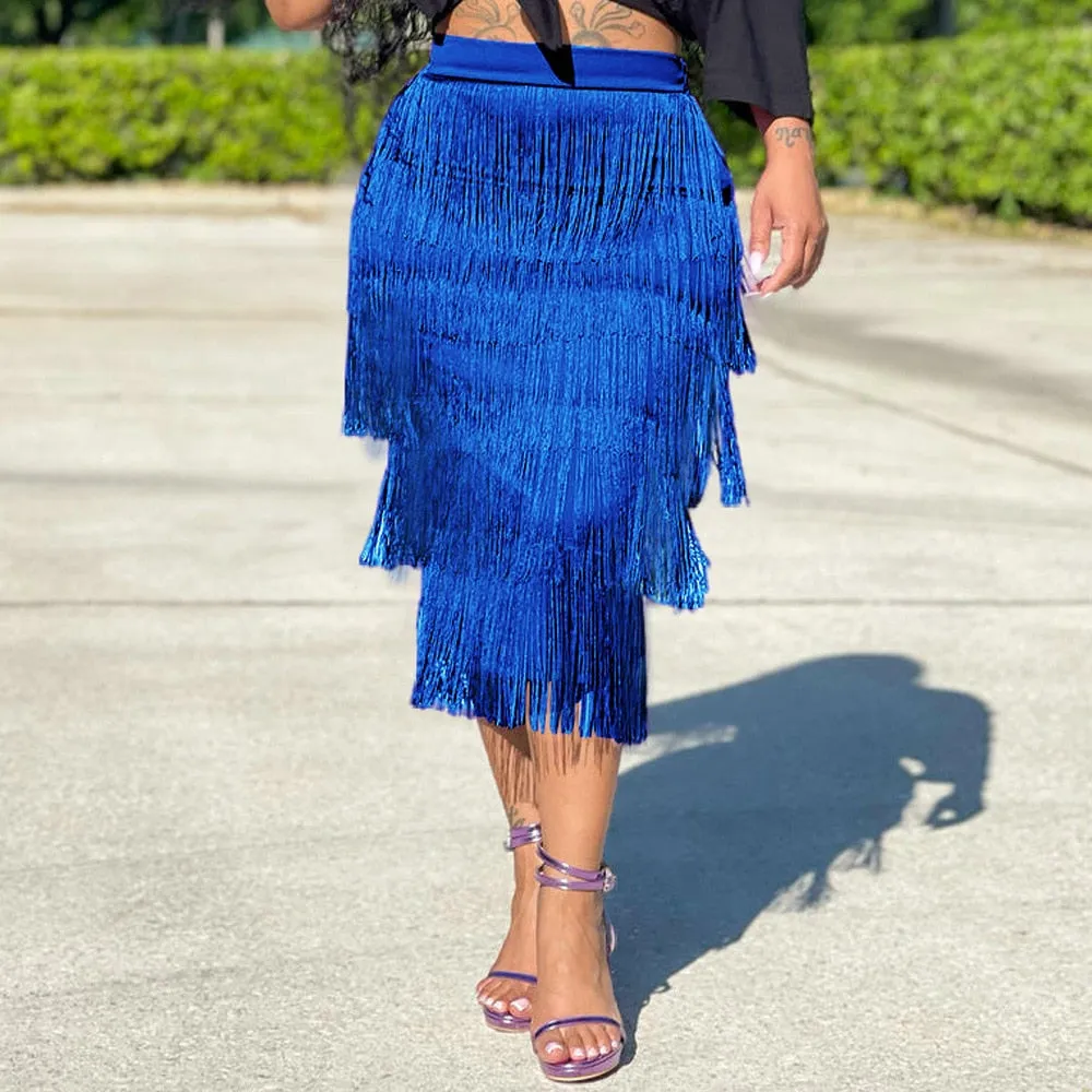 Tassel Bodycon Midi Skirt High Waist Pencil Skirts
