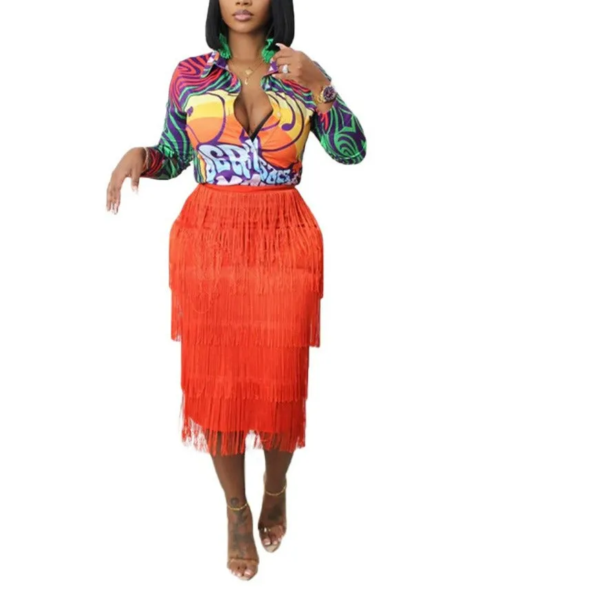 Tassel Bodycon Midi Skirt High Waist Pencil Skirts