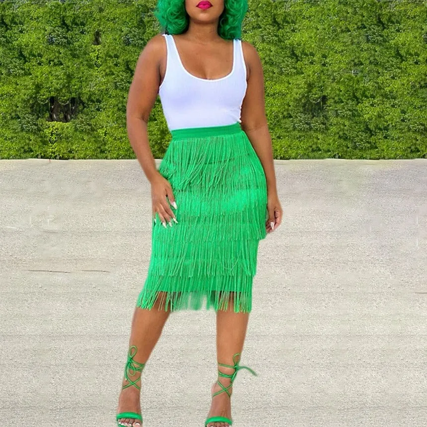 Tassel Bodycon Midi Skirt High Waist Pencil Skirts