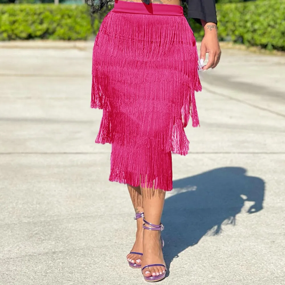 Tassel Bodycon Midi Skirt High Waist Pencil Skirts