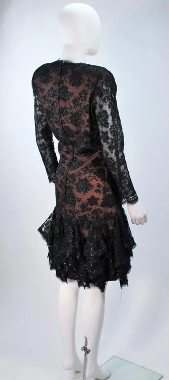TRAVILLA Black Lace Cocktail Dress with Ruffle Hem Size 8
