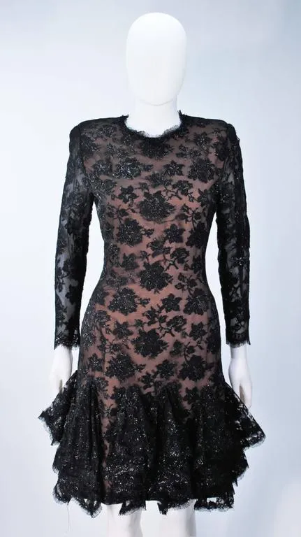 TRAVILLA Black Lace Cocktail Dress with Ruffle Hem Size 8