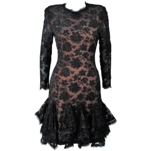 TRAVILLA Black Lace Cocktail Dress with Ruffle Hem Size 8