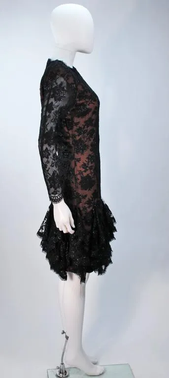 TRAVILLA Black Lace Cocktail Dress with Ruffle Hem Size 8