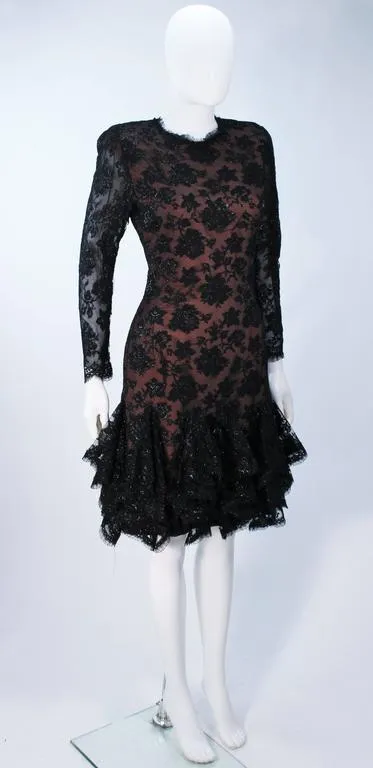 TRAVILLA Black Lace Cocktail Dress with Ruffle Hem Size 8