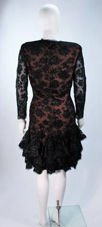 TRAVILLA Black Lace Cocktail Dress with Ruffle Hem Size 8