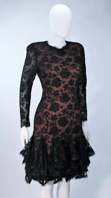 TRAVILLA Black Lace Cocktail Dress with Ruffle Hem Size 8