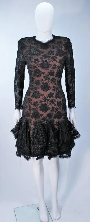TRAVILLA Black Lace Cocktail Dress with Ruffle Hem Size 8