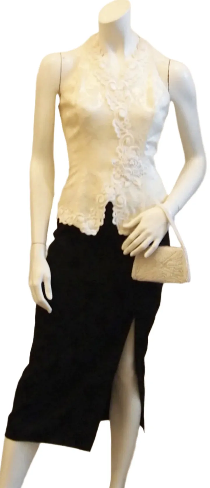 Tuxedo Lace Trim Vintage Halter Cocktail Dress In Black & White