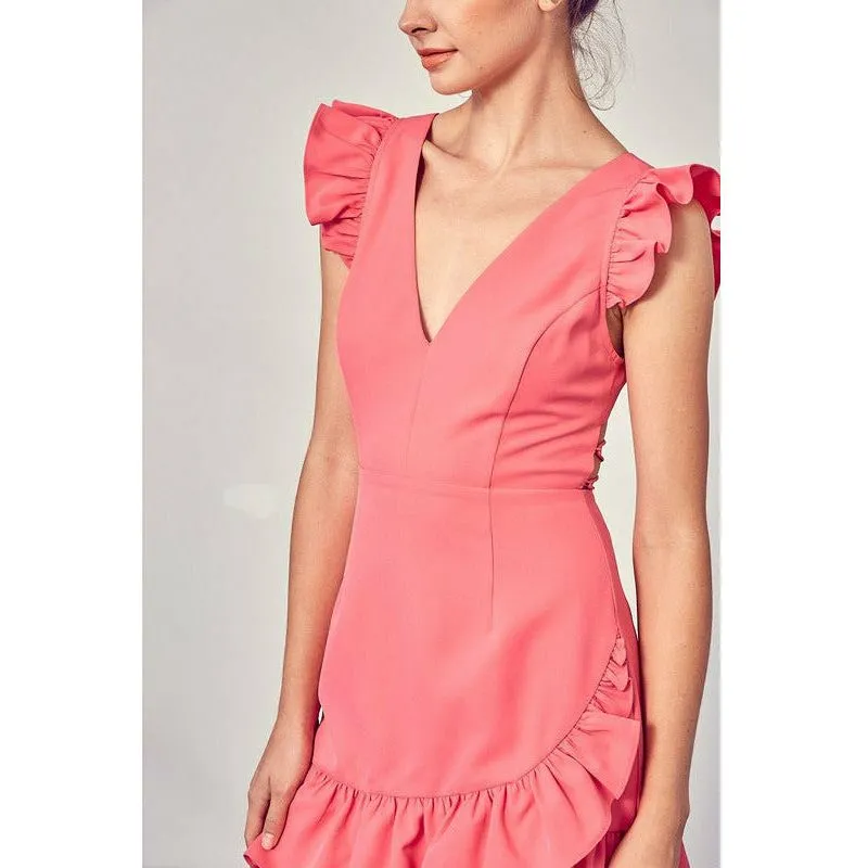 V NECK RUFFLE DRESS