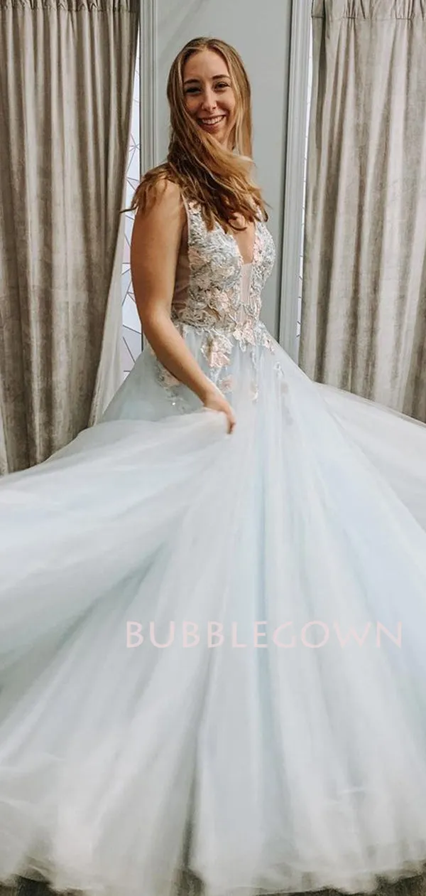 V neck Tulle wathet blue  Lace A-line Long Evening Prom Dresses, Cheap Prom Dress, MR7217