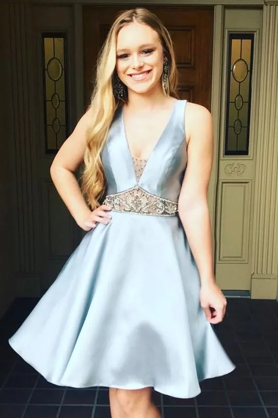 V-neckline Light-Blue Satin Short Party Dress with Beaded Waistband