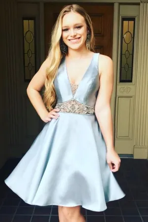 V-neckline Light-Blue Satin Short Party Dress with Beaded Waistband
