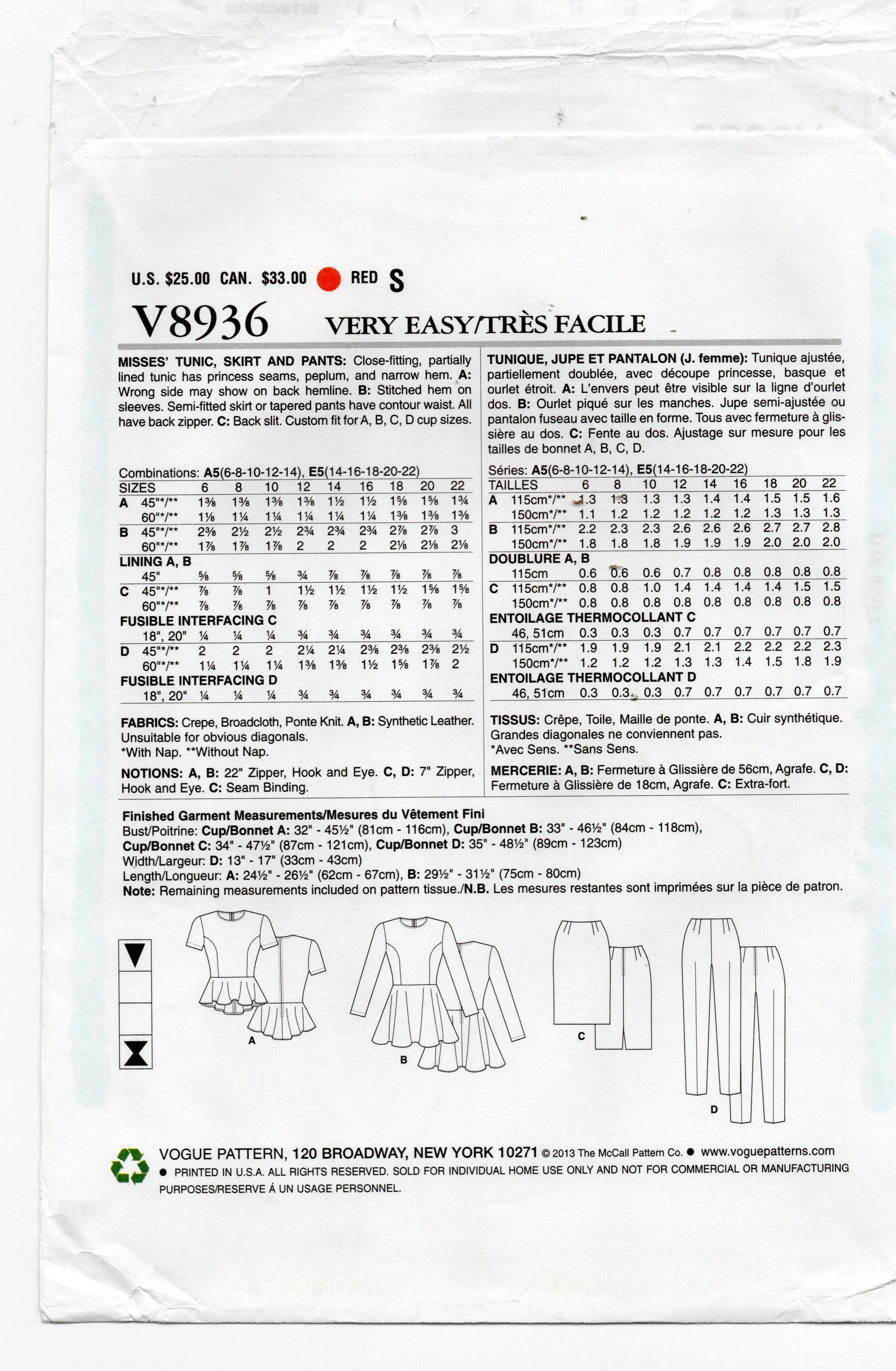Very Easy Vogue V8936 Womens Custom Fit Peplum Tunic Top Skirt & Pants Out Of Print Sewing Pattern Size 14 - 22 UNCUT Factory Folded
