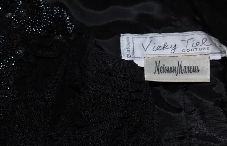 VICKY TIEL Black Stretch Mesh Beaded Cocktail Dress Size 6-8