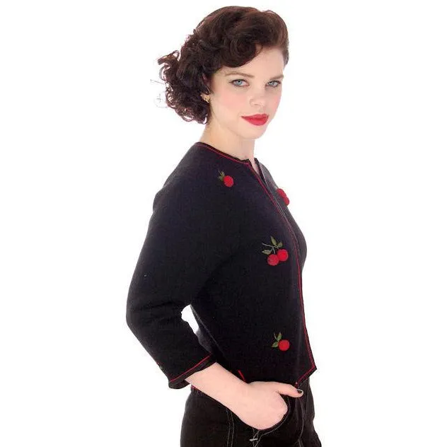 Vintage Black Cashmere Sweater w/3D Cherries 1950s 37" Bust