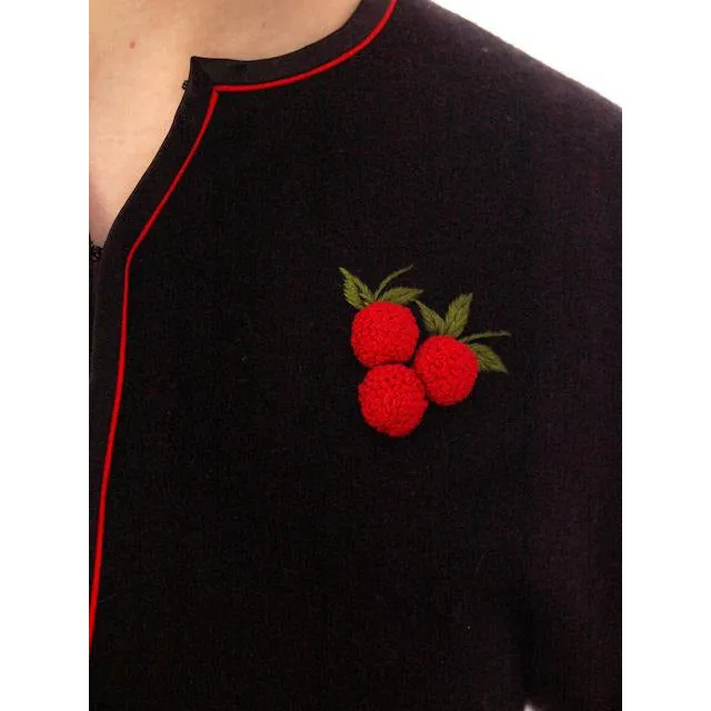 Vintage Black Cashmere Sweater w/3D Cherries 1950s 37" Bust