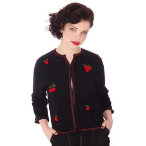 Vintage Black Cashmere Sweater w/3D Cherries 1950s 37" Bust