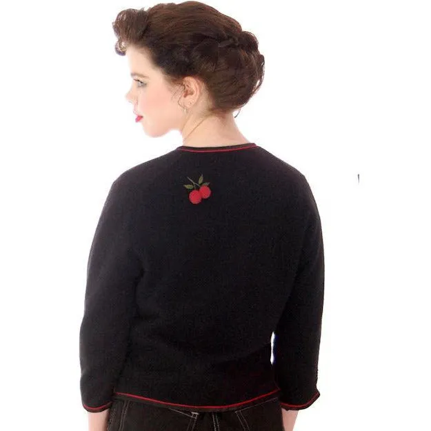 Vintage Black Cashmere Sweater w/3D Cherries 1950s 37" Bust