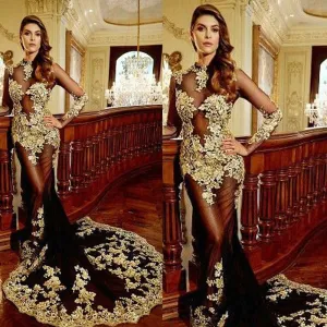 vintage evening dresses long sleeve black and gold lace appliqué mermaid beaded formal evening gown