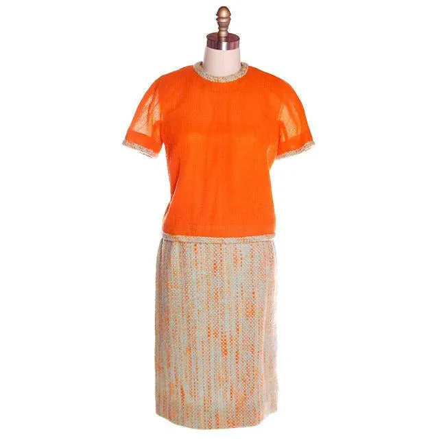 Vintage Orange Aqua Tweed 3 pc Suit Samuel Winston Mollie Abrahamson 1960s 38-25-38